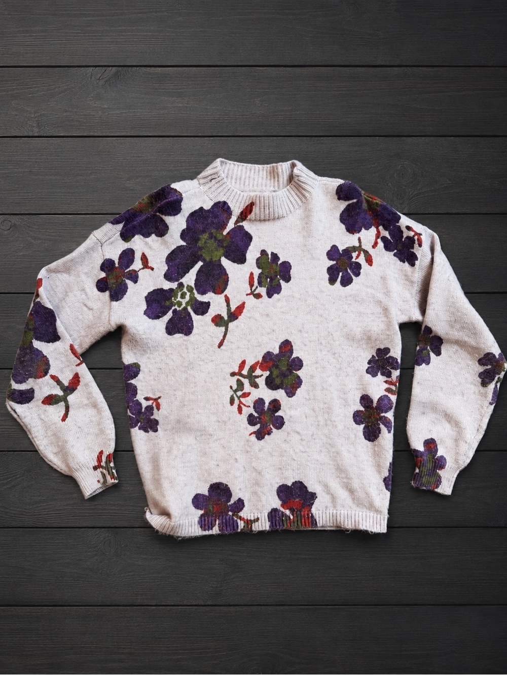 LOFT Cream Crewneck Sweater with Purple Floral Print